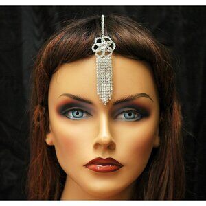 Silver Headpiece Crystal Bridal Chain Headpiece, Bollywood Maang Tikka Headpiece